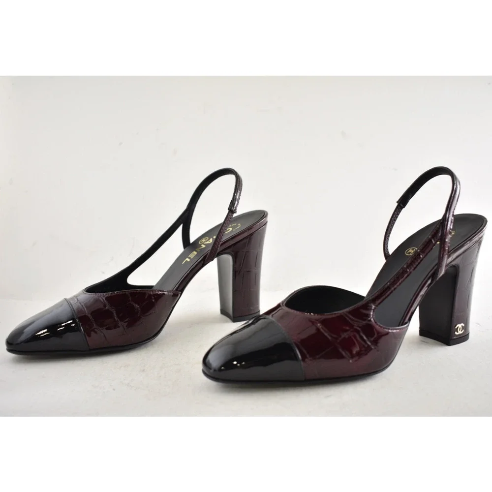 Chanel 26A Burgundy Black Crocodile Coco Sling Slingback Block Heel Pump 40c